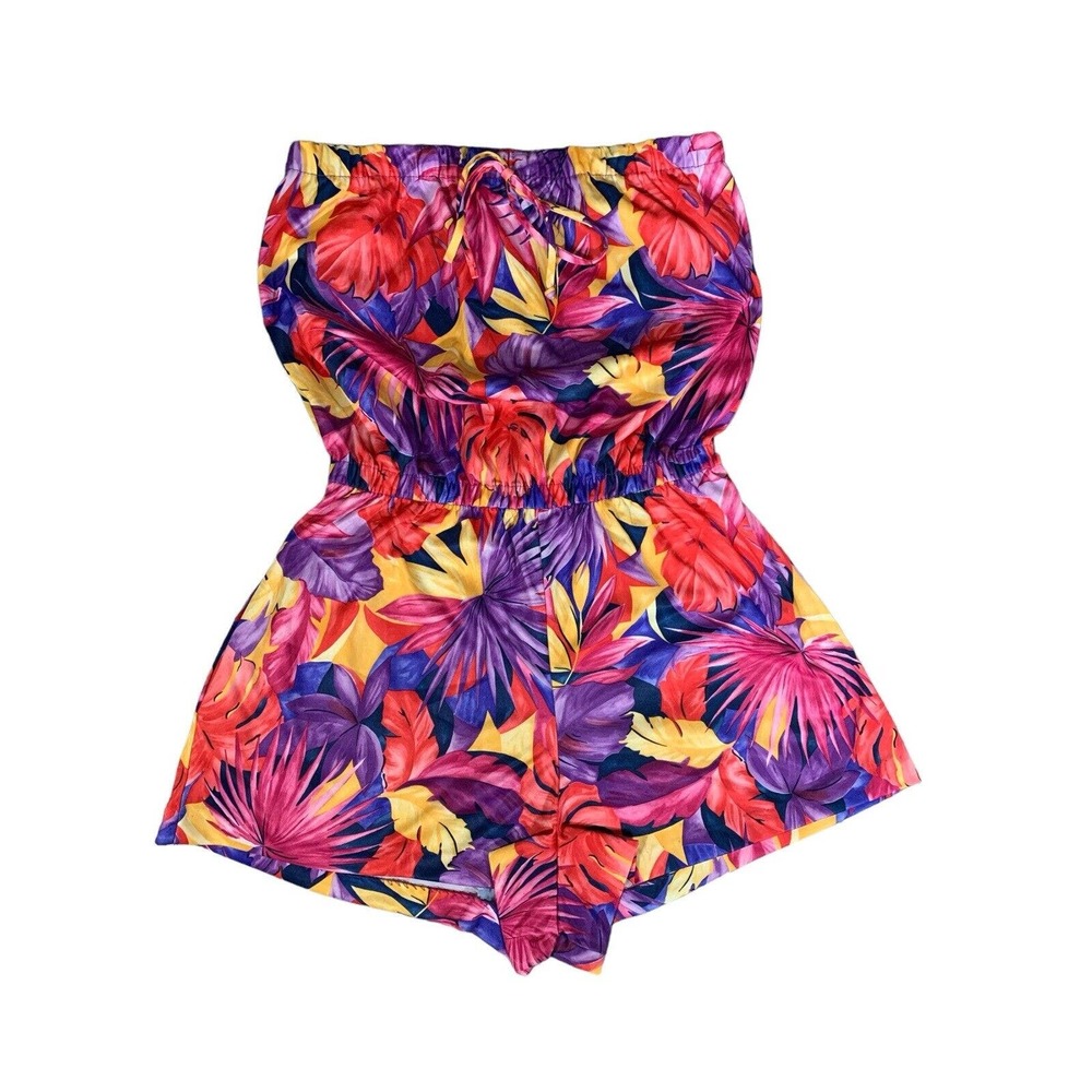 Granada Vintage 70’s Colorful Tropical Palm Leaf Print Strapless Short Romper